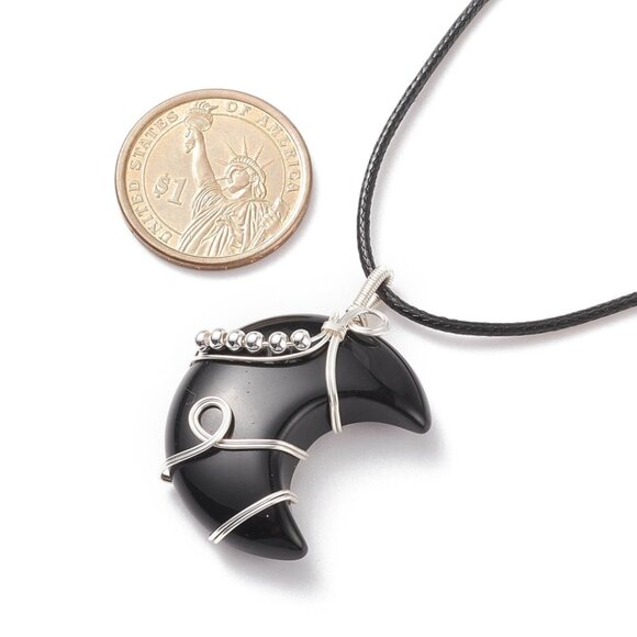 NWOT Beautiful Handmade Wire wrap Natural Obsidian Gemstone Moon Necklace - Picture 3 of 7